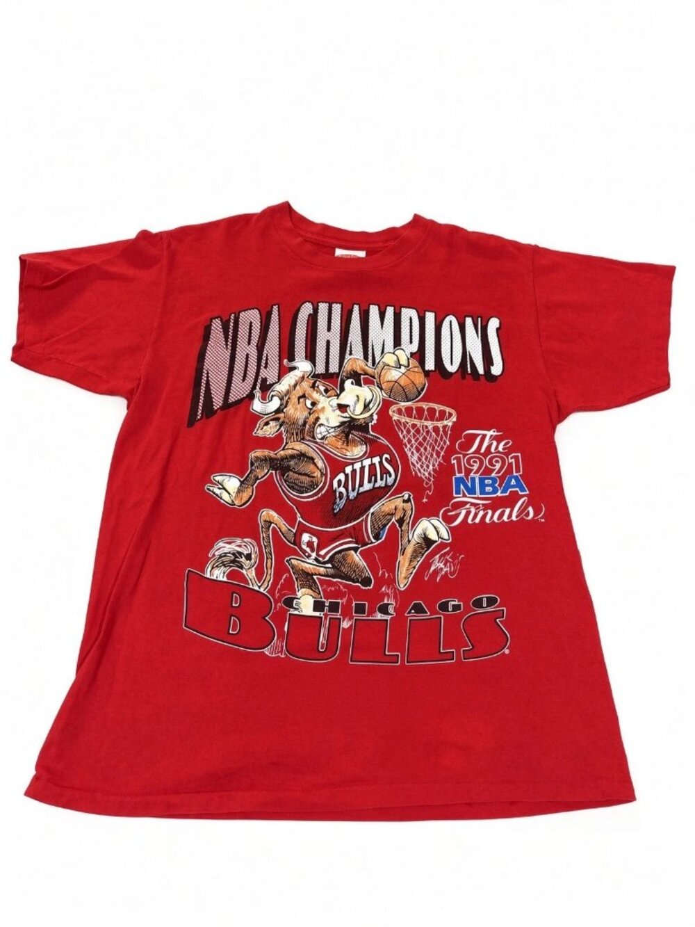Vintage 1991 Chicago Bulls NBA Champions T-Shirt Single Stitch Red Cartoon Bull
